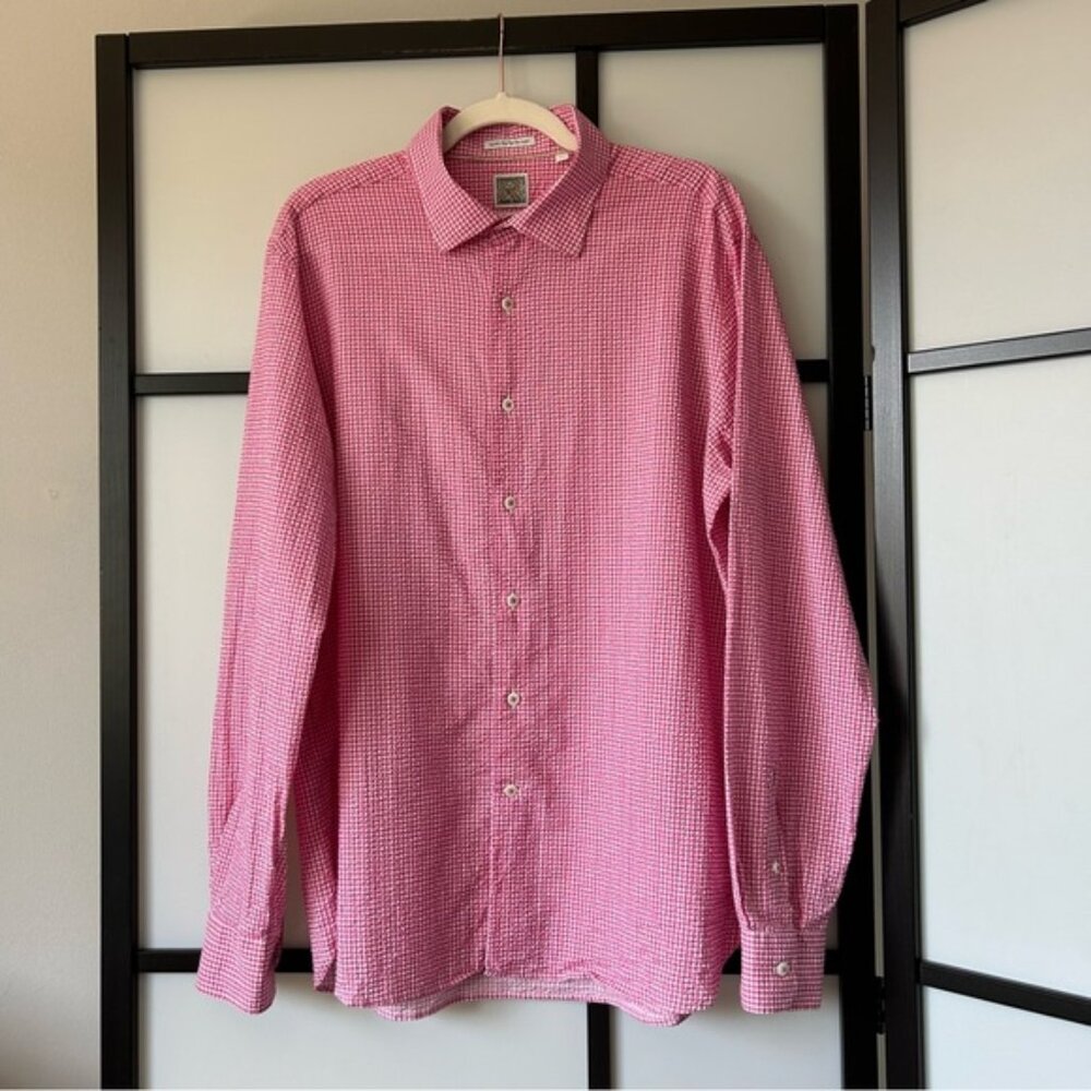 Robert Graham Mens Pink & White Gingham Plaid Button Down Shirt